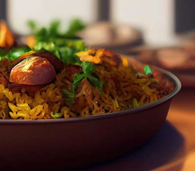 A bowl of rice on a table.
