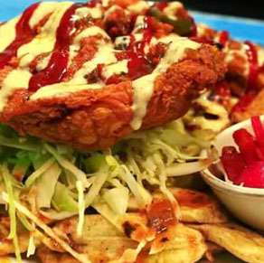 A plate with a fried chicken and fries on it.